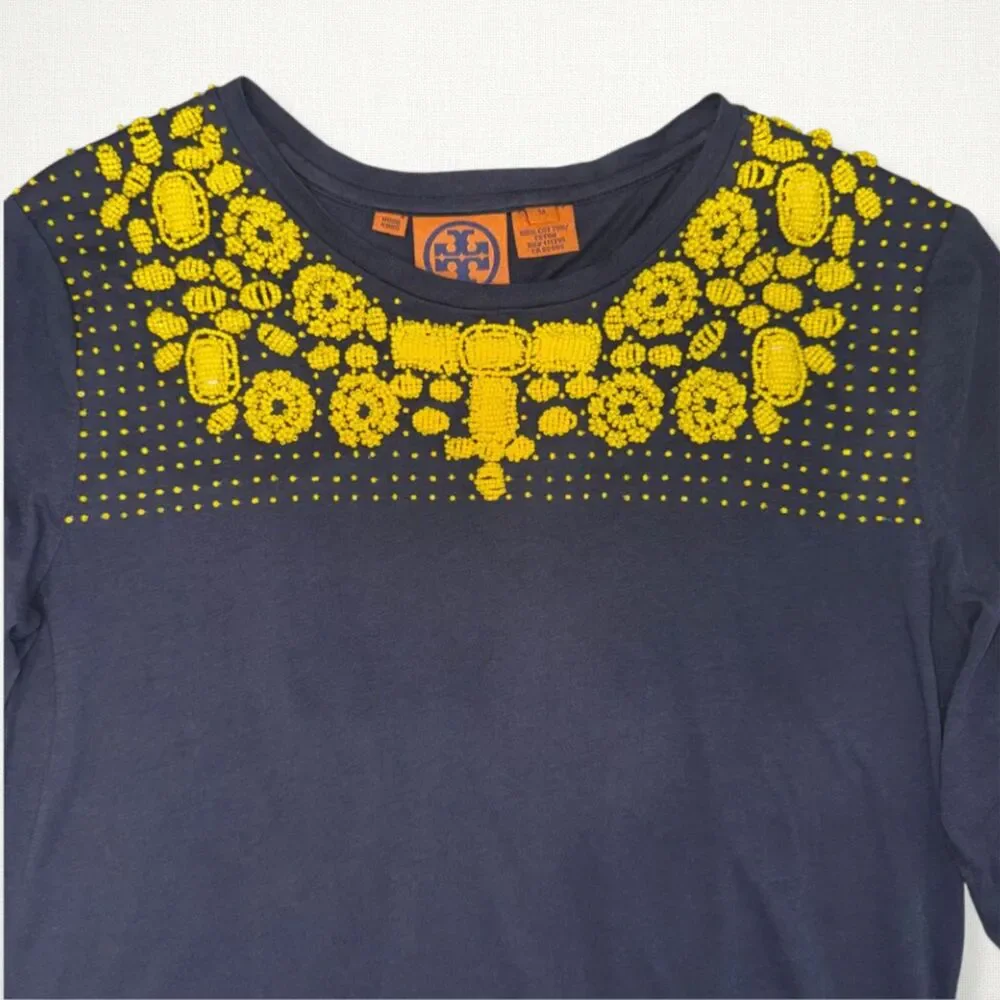 Tory Burch Beaded Embellished Navy Cotton Top Yellow Statement Boho Preppy M